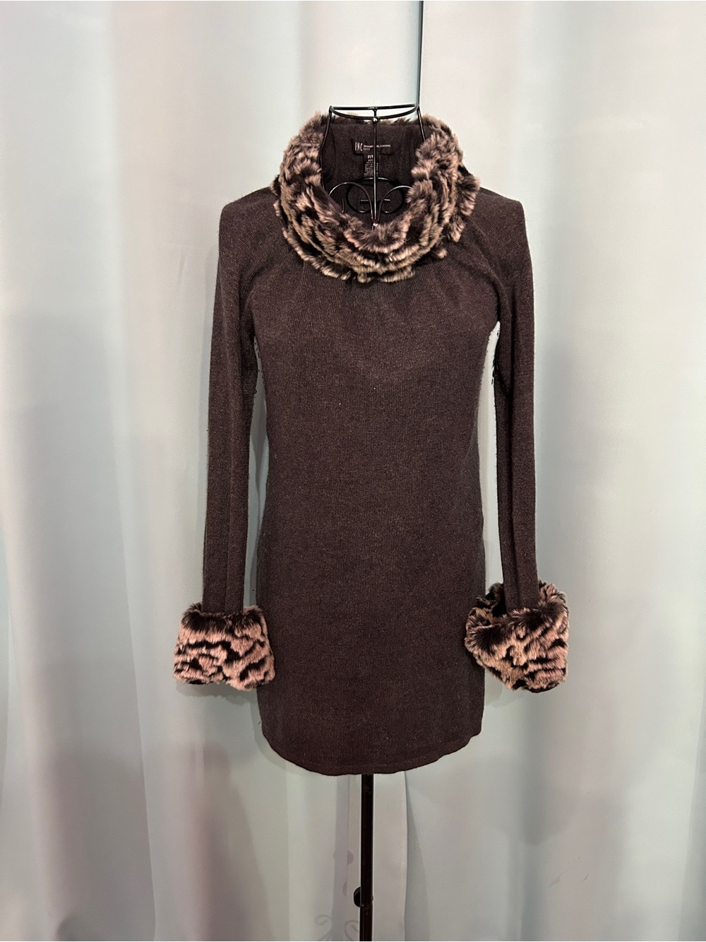 INC International Concepts Chocolate Brown Knit Dress with Faux Fur Trim